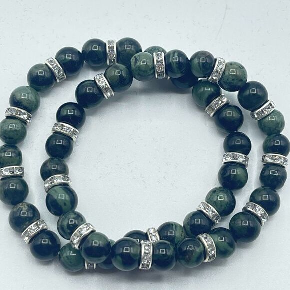 Kambaba jasper green black rhinestone bling beaded stretch bracelet ONE NEW crys - Picture 6 of 7